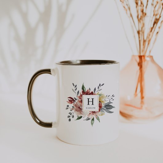 Boho Aquarelle Automne Floral Monogramme Café Mug