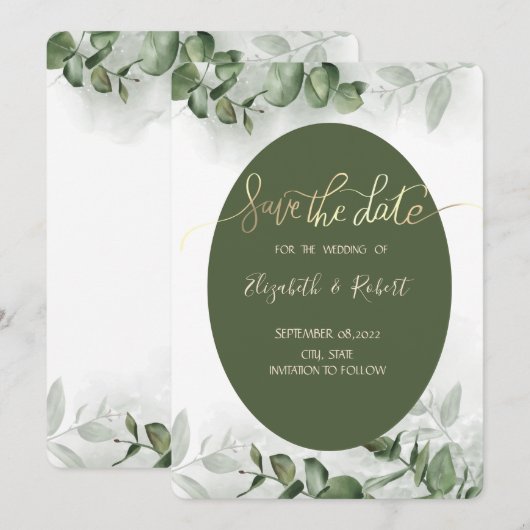 Boho aquarelle eucalyptus verdure save the date (Devant / Derrière)