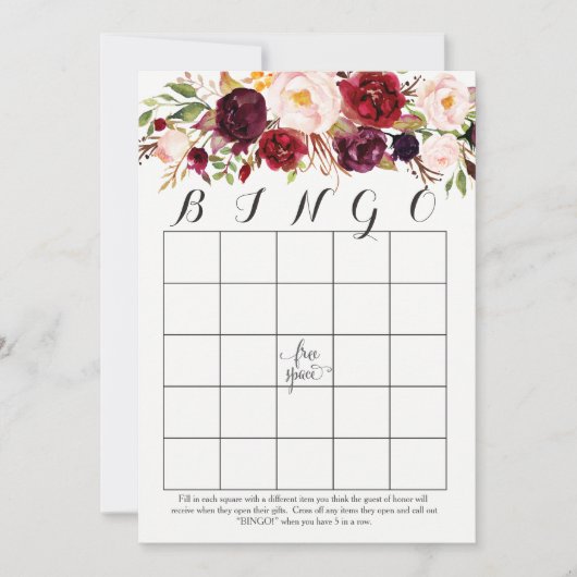 boho aquarelle fleurs Douche Bingo Cartes Marsala (Devant)