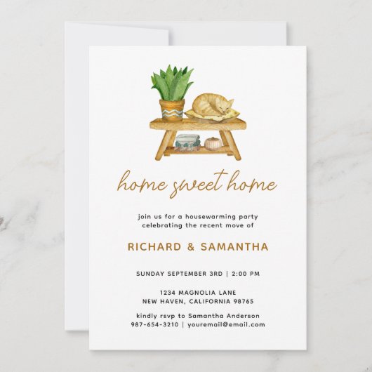 Boho Aquarelle Plantes Chat Ménage Invitation (Devant)