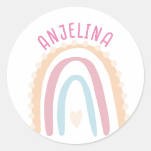 Boho arc-en-ciel rose enfants nom autocollant