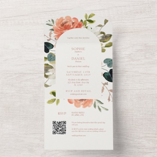 Boho Arch Bloemen Waterverf Bruiloft All In One Uitnodiging (Binnen)