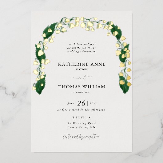 Boho Arch Chique Waterverf Lily Valley Bruiloft Go Folie Uitnodiging (Voorkant)