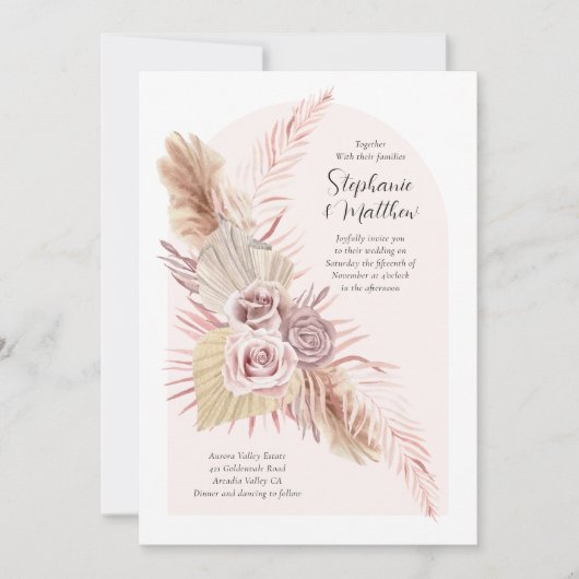 Boho Arch Dusty Roos Flowy Bloemen Bruiloft Kaart (Voorkant)