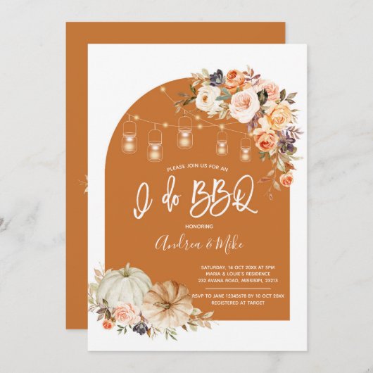 Boho Arch Fall Pumpki BBQ Couple Show Invitation (Devant / Derrière)