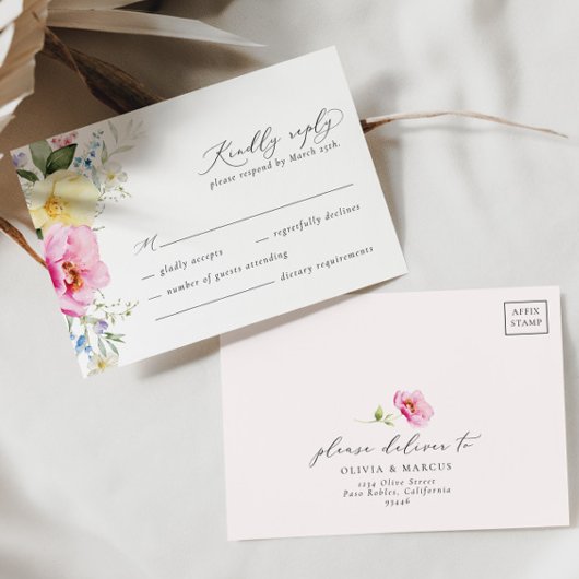Boho Arch Kleurrijke Floral Spring Elegant Bruilof RSVP Kaartje