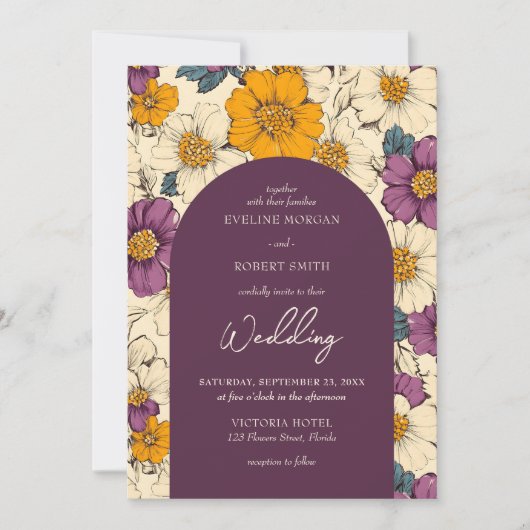 Boho arch mauve sinaasappel en ivoren bloemen kaart (Voorkant)