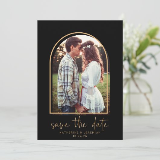 Boho Arch Minimalist Black Gold Save the Date (Staand voorkant)