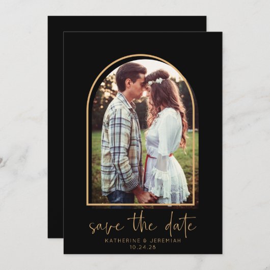 Boho Arch Minimalist Black Gold Save the Date (Voorkant / Achterkant)