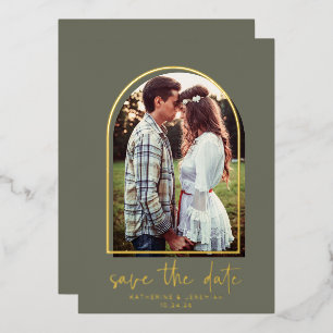 Boho Arch Minimalist Green Gold Foil Save the Date Folie Uitnodiging