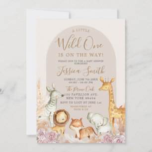 Boho Arch Pampas Grass Safari Wild Eén Baby shower Kaart