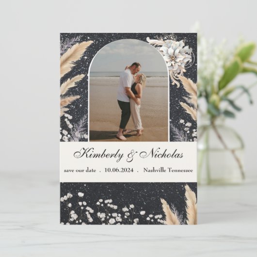Boho Arch Sterrenhemel Pampas Bloemen Aarde Rustie Save The Date (Staand voorkant)