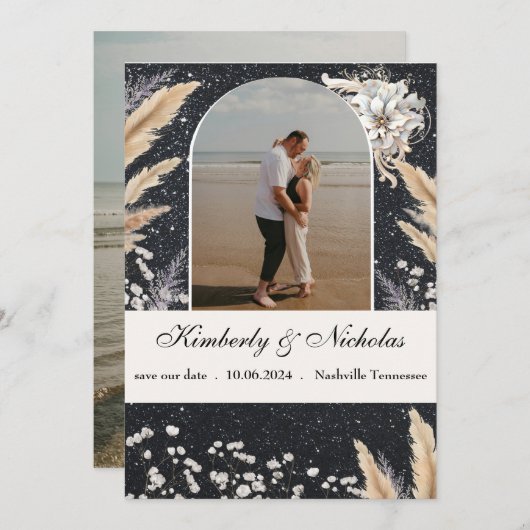 Boho Arch Sterrenhemel Pampas Bloemen Aarde Rustie Save The Date (Voorkant / Achterkant)