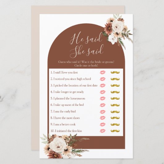 Boho Arch Terracota Hij zei dat ze Kaart van games (Voorkant / Achterkant)