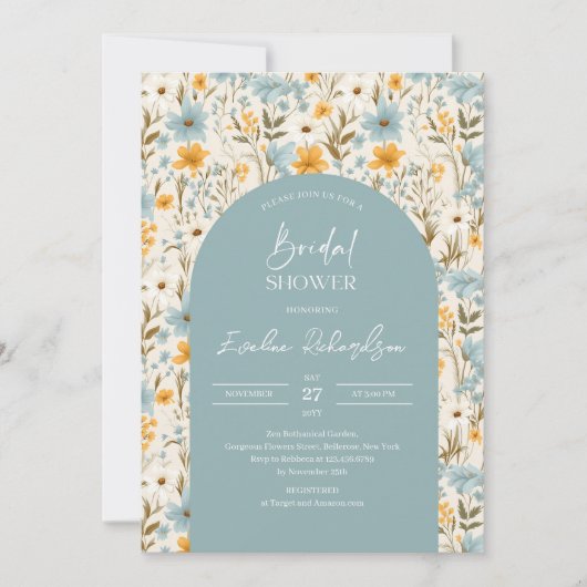 Boho arch waterverf lichtblauw geel wilde bloemen kaart (Voorkant)