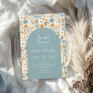 Boho arch waterverf lichtblauw geel wilde bloemen kaart
