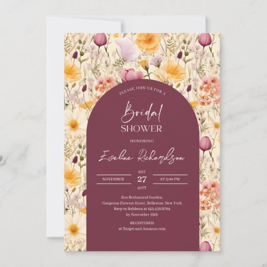 Boho arch waterverf mauve en gele wilde bloemen kaart (Voorkant)
