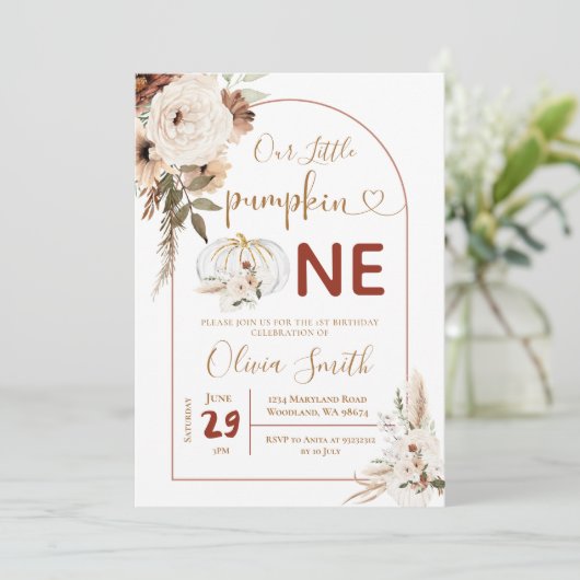 Boho Arch White Pumpkin 1st Birthday Pampas Grass Kaart (Staand voorkant)