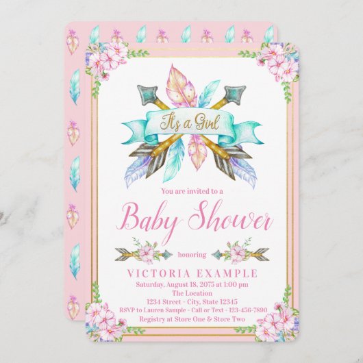 Boho Arrow Feather Baby Douche Invitations (Devant / Derrière)