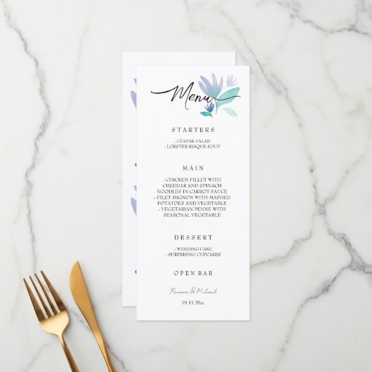 Boho Artistic Blue Floral Garden Waterverf Menu (Voorkant / Achterkant in situ)