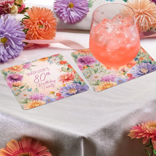 Boho Aster Bloemen Bloem 80ste Verjaardagsfeestje Vierkante Kartonnen Onderzetter