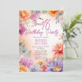 Boho Aster Flowers Floral Sweet 16 Birthday Party Kaart (Staand voorkant)