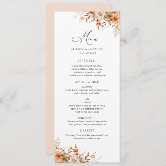 boho automne automne florales menu mariage (Devant / Derrière)