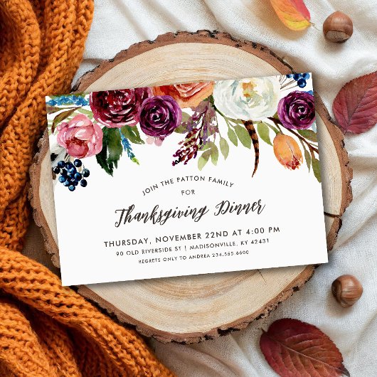 Boho Automne Fleurit Thanksgiving Dîner Invitation