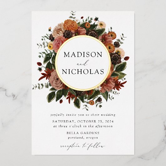 Boho Automne Floral Frame Mariage Foil Invitation (Recto)