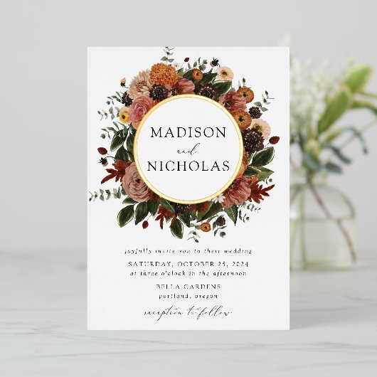 Boho Automne Floral Frame Mariage Foil Invitation (Debout devant)