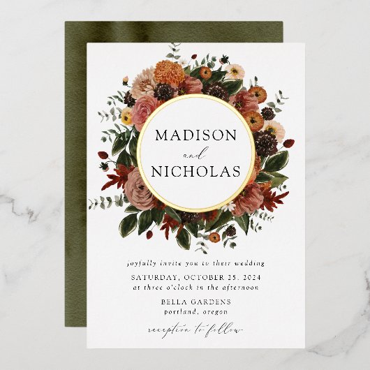 Boho Automne Floral Frame Mariage Foil Invitation (Recto/Verso)
