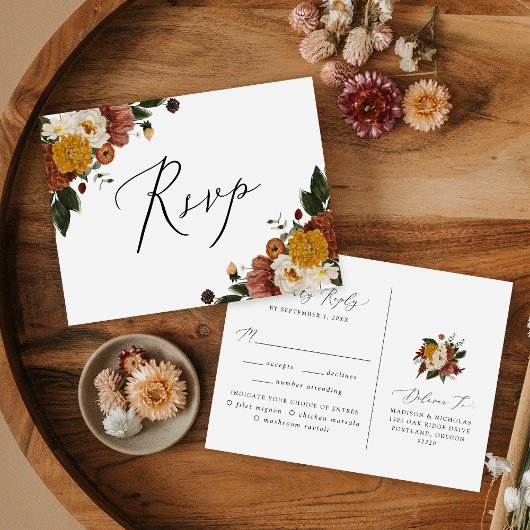 Boho Automne Floral RSVP avec carte postale de cho