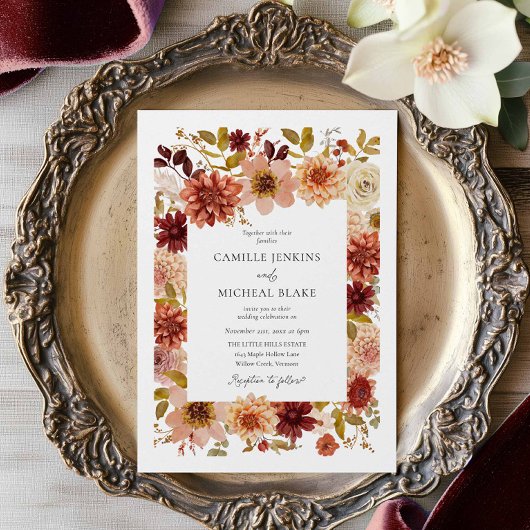 Boho Autumn Floral QR Code Wedding Invitation Kaart
