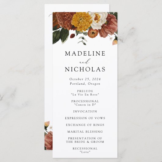 Boho Autumn Floral Wedding Ceremony Programma (Voorkant / Achterkant)