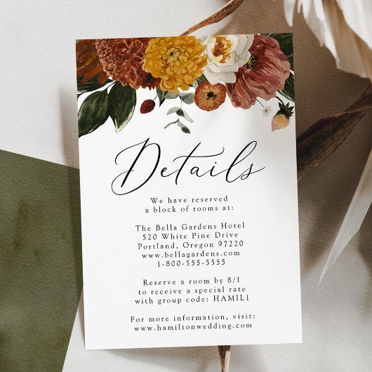 Boho Autumn Floral Wedding Guest Details Informatiekaartje