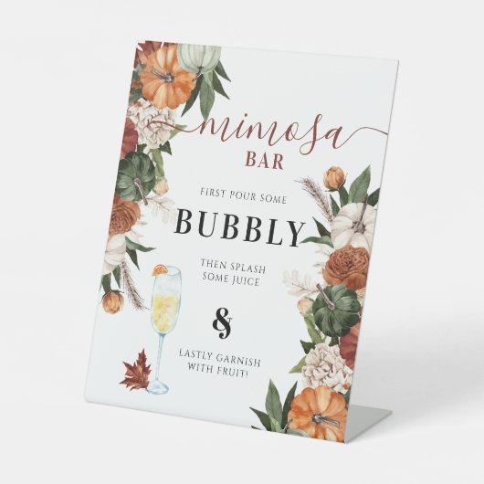 Boho Autumn Vrijgezellenfeest Mimosa Bar Reclamebord Met Voetstuk (Voorkant)