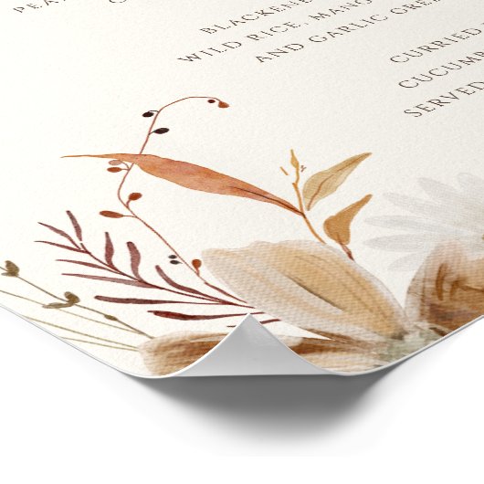 Boho Autumn Wildflower | Beige Bruiloft Menu Sign Poster (Hoek)