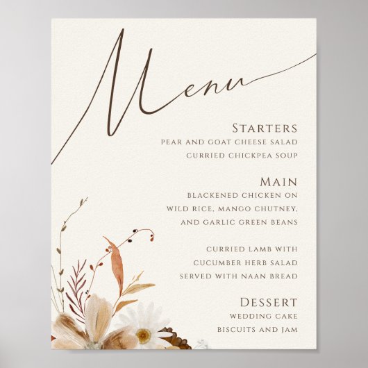 Boho Autumn Wildflower | Beige Bruiloft Menu Sign Poster (Voorkant)