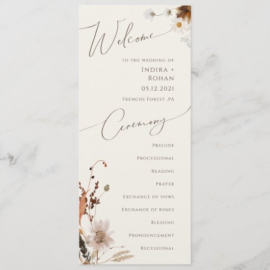 Boho Autumn Wildflower | Beige bruiloft programma (Voorkant)