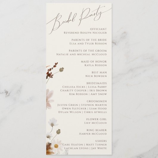 Boho Autumn Wildflower | Beige bruiloft programma (Achterkant)