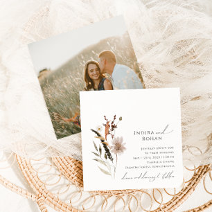 Boho Autumn Wildflower Foto Vierkante Bruiloft Kaart