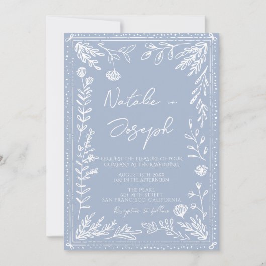 Boho Azure Blue Floral Botanical QR Code Wedding Kaart (Voorkant)