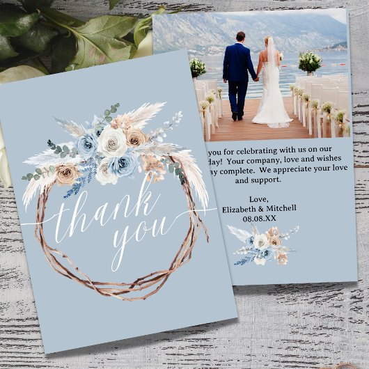 Boho Baby Blue Photo Mariage Carte de remerciement