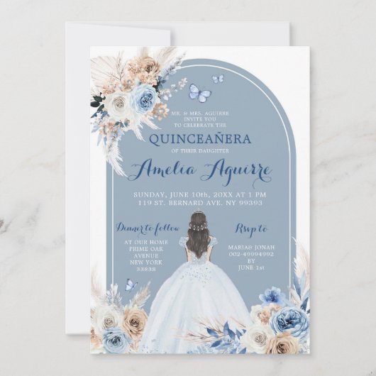 Boho Baby Blue Quinceañera Uitnodiging (Voorkant)