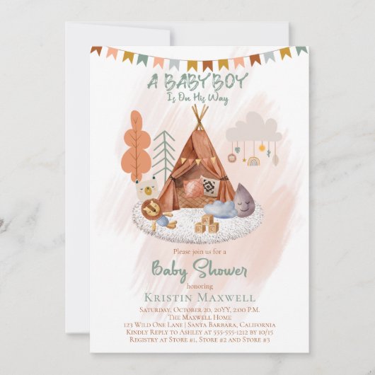 Boho Baby Boy Teepee and Toys Baby shower Kaart (Voorkant)