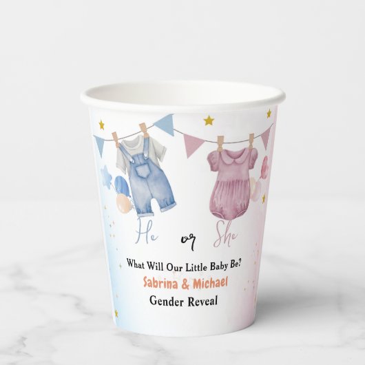 Boho Baby Clotheline Gender Reveal Party Papieren Bekers (Achterkant)
