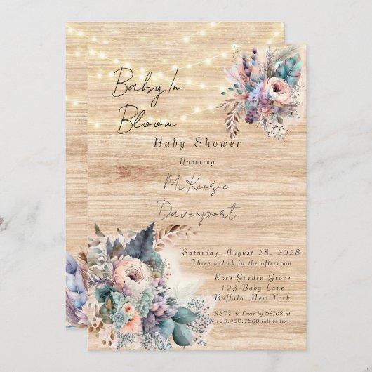Boho Baby In Bloom Baby shower Invitation (Devant / Derrière)
