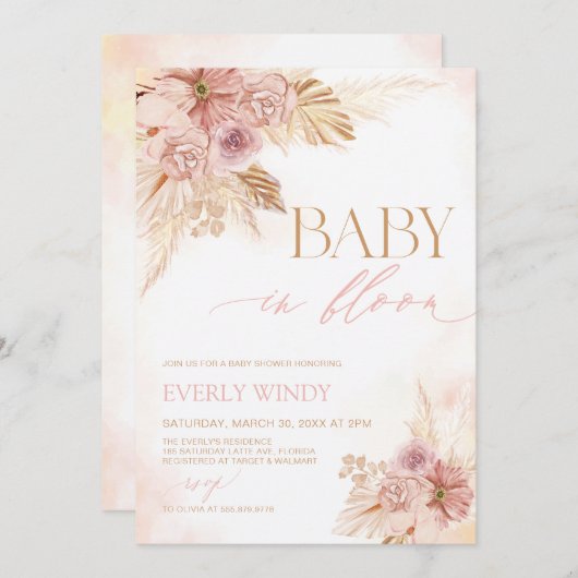 Boho Baby in Bloom Pampas Baby shower Invitation (Devant / Derrière)