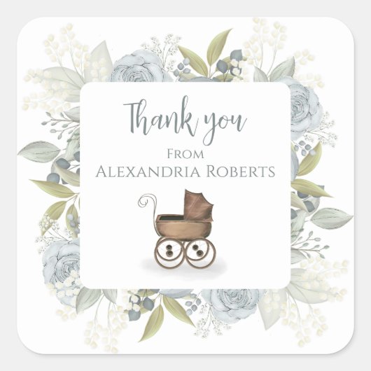 Boho Baby shower Dank u Floral Roos Vierkante Sticker (Voorkant)