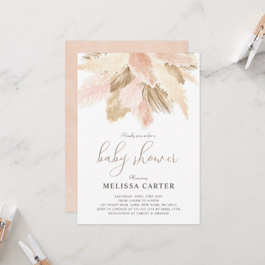 Boho Baby shower Neutral Spring Party Invitation Kaart (Voorkant / Achterkant in situ)